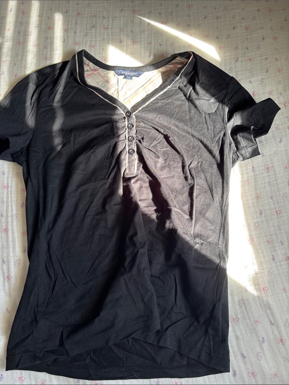Burberry Black Short-Sleeve Henley with Contrast Trim